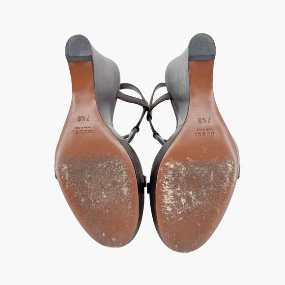 Gucci GG Interlock Cutout Wedge Sandals Size 7.5 Brown Leather Logo Platform - Picture 13 of 16